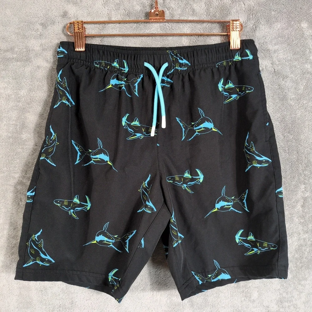 Maamgic Boys Shark Print Swim Trunks Black Blue Size‎ 14/16 Kids Board Shorts